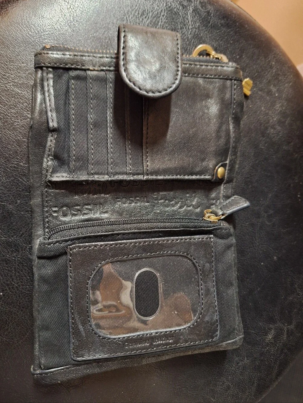 Fossil Black Smooth Leather Double Zip Coin Pouch Wallet Vintage Key Pulls Soft
